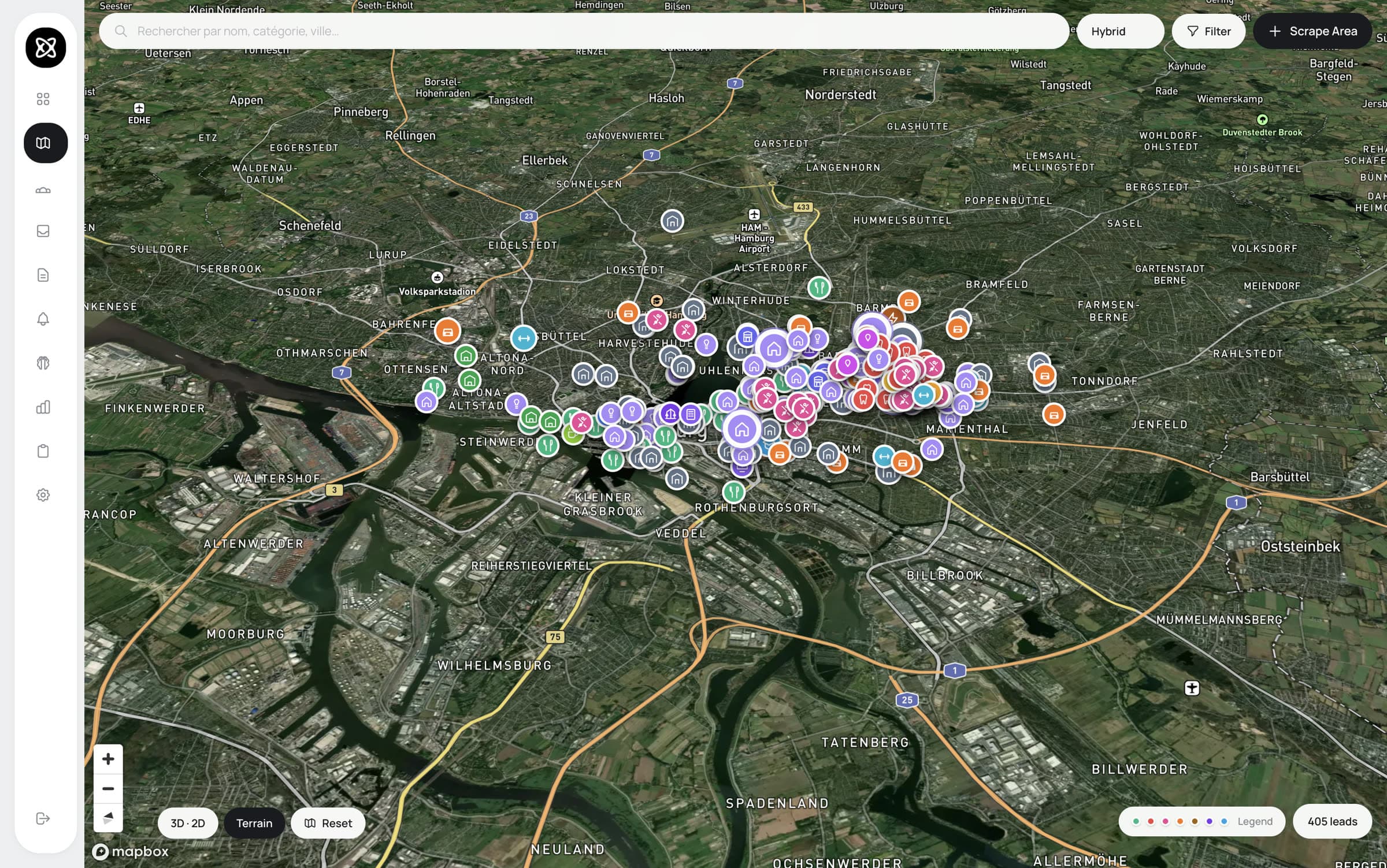 Map Scraping — 405 Leads im Hamburger Suchradius, nach Kategorie eingefärbt.